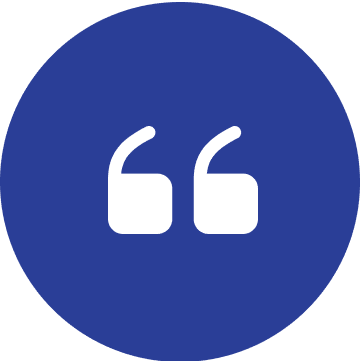 White quotation marks on blue circle background.