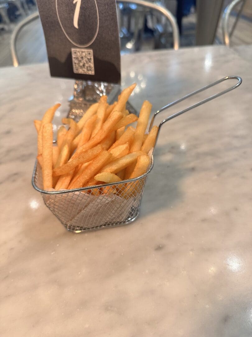 French fries in a small metal basket.